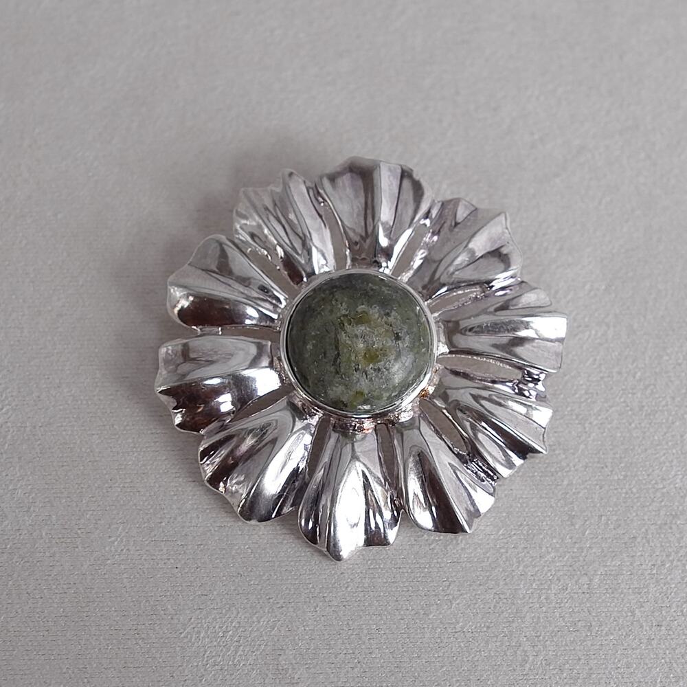 Connemara Marble and Sterling Silver Flower Brooch Pendant Convertible Vintage